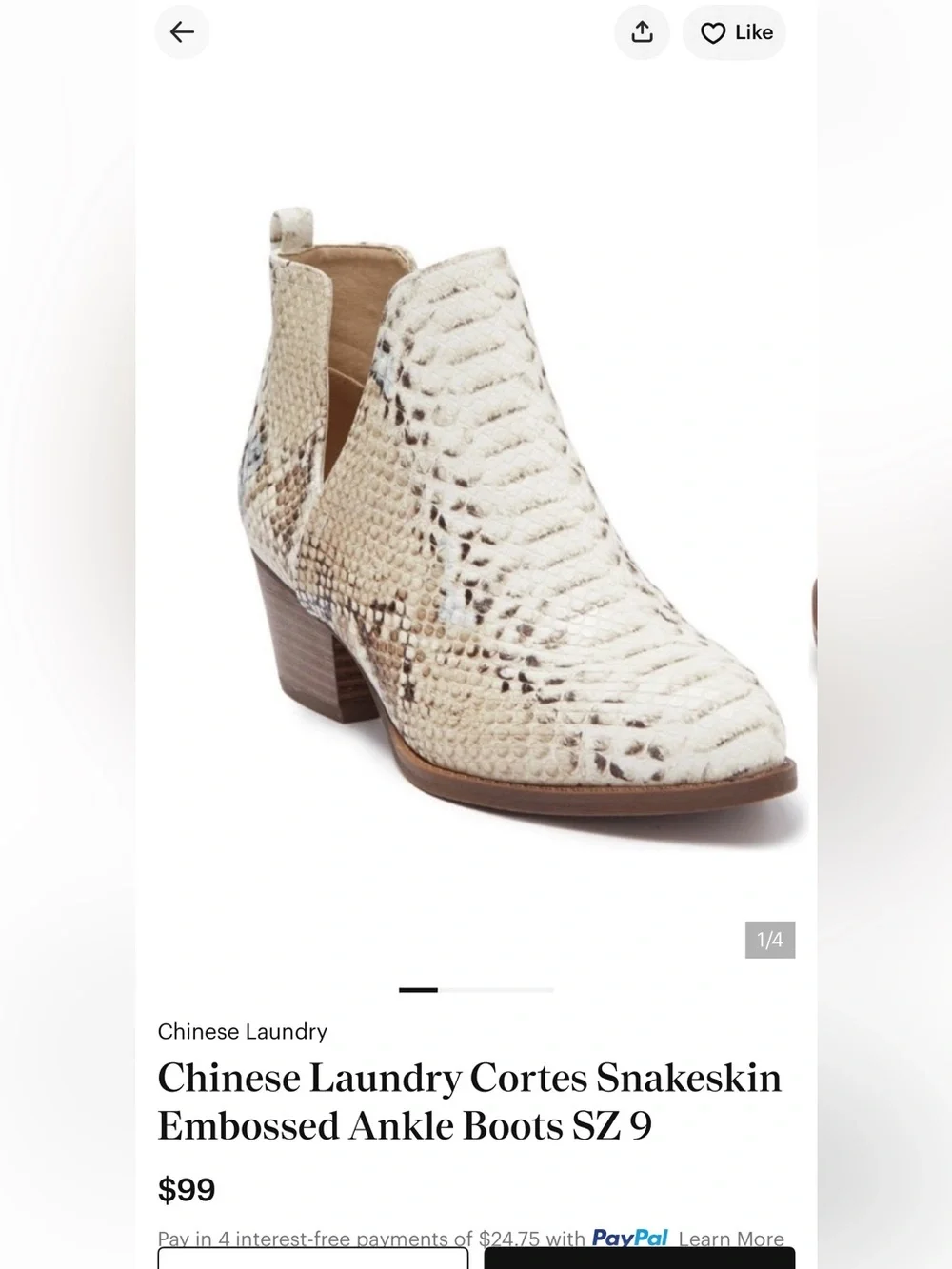 Women’s Size 7.5 / 38 Cortes Snakeskin Embossed Booties